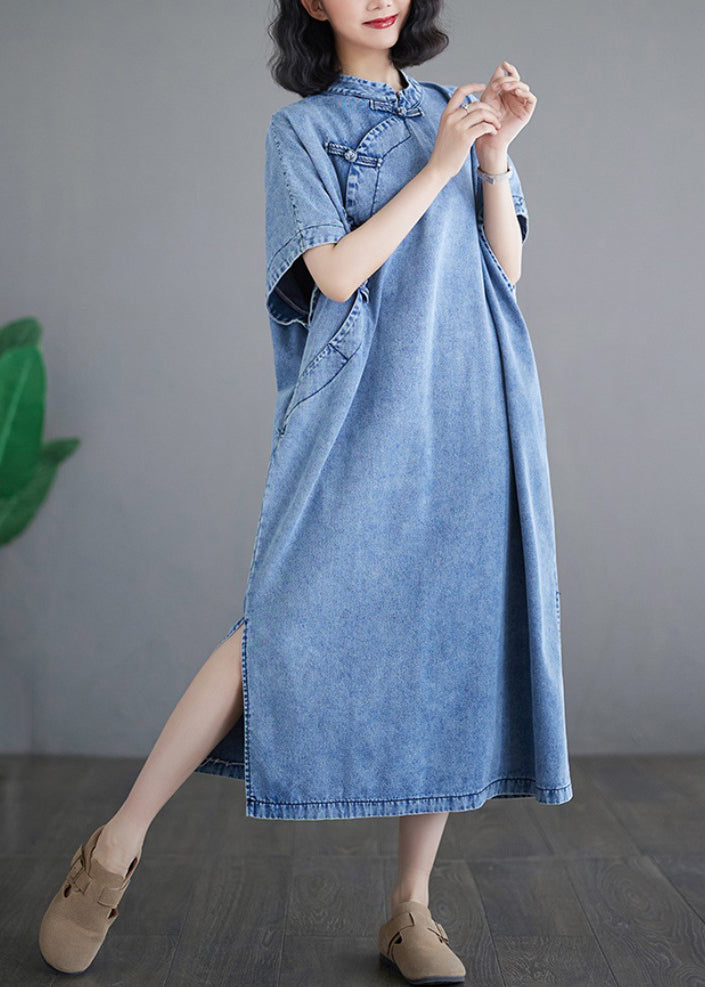 Blue Denim Collar Sleeve Maxi Dresses Loose Stand Short Light