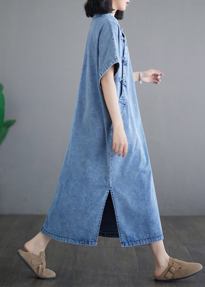Blue Denim Collar Sleeve Maxi Dresses Loose Stand Short Light