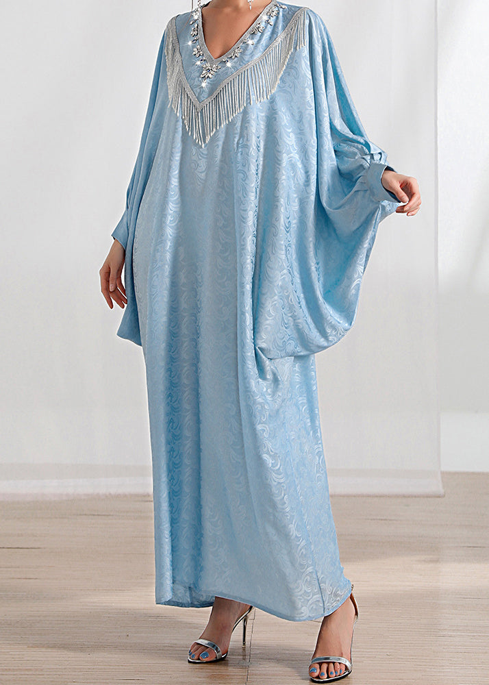 Loose Light Blue Tasseled Zircon Silk Long Dresses Batwing Sleeve AA1056