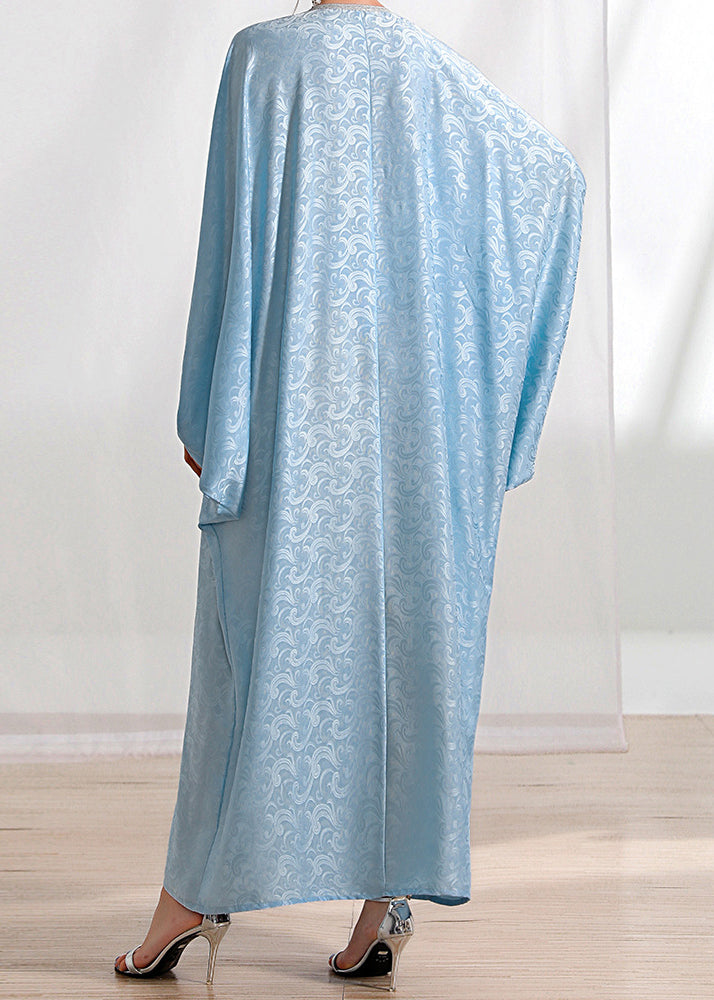 Loose Light Blue Tasseled Zircon Silk Long Dresses Batwing Sleeve AA1056