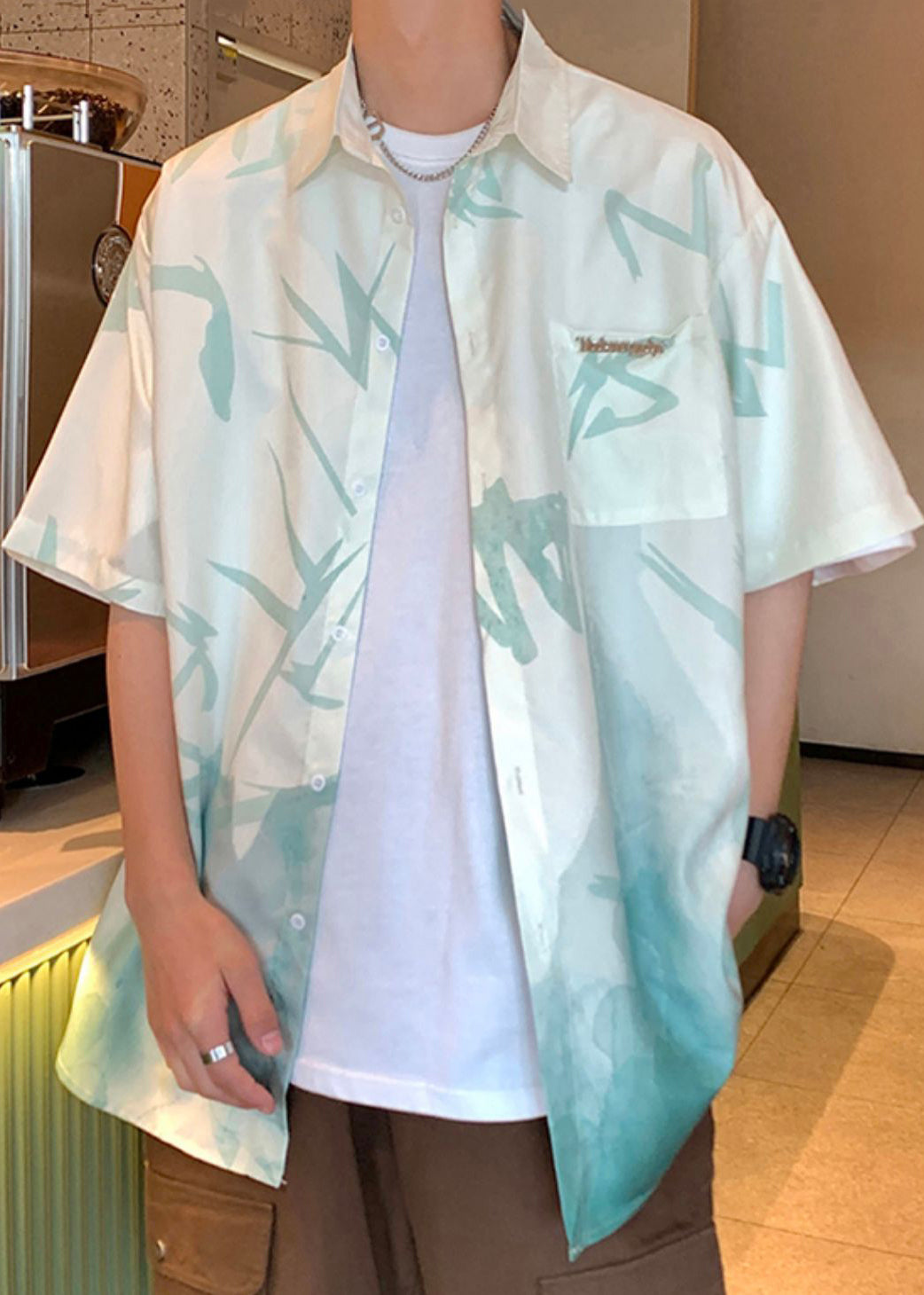 Loose Print Gradient Silk Green Men Light Ice Button Color Shirts