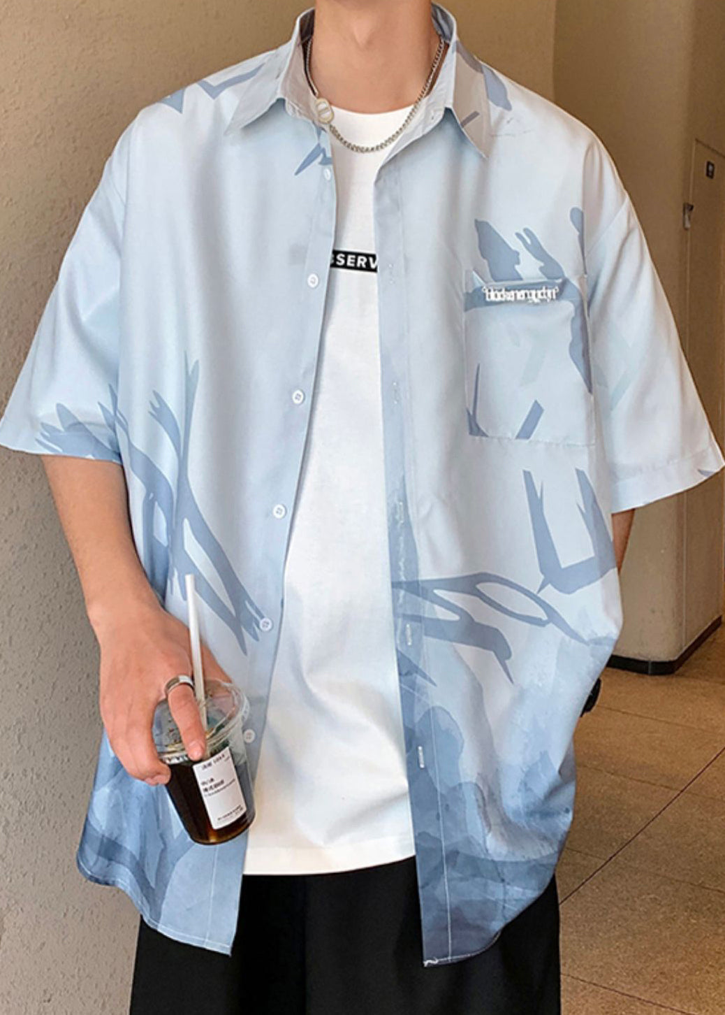 Loose Print Gradient Silk Green Men Light Ice Button Color Shirts