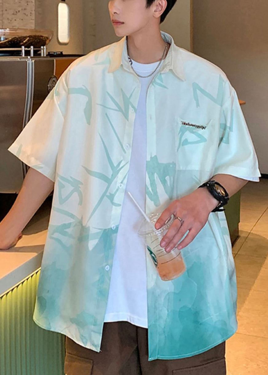 Loose Print Gradient Silk Green Men Light Ice Button Color Shirts