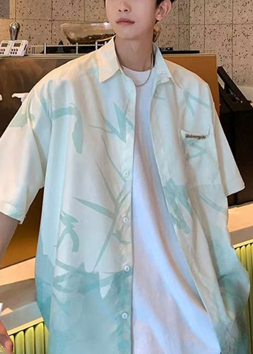 Loose Print Gradient Silk Green Men Light Ice Button Color Shirts