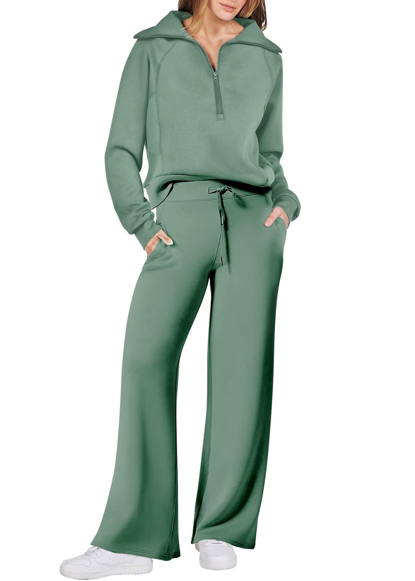 Zip Leg Solid Two And Tops Light Green Cotton Loose Up Pants Wide