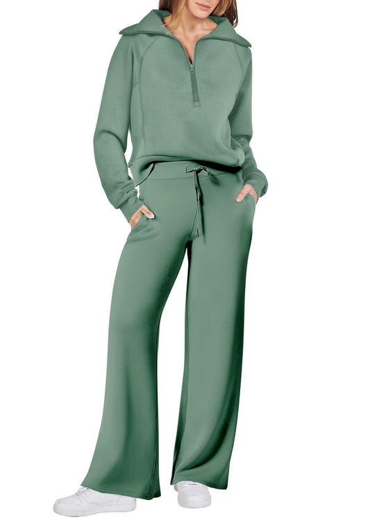 Zip Leg Solid Two And Tops Light Green Cotton Loose Up Pants Wide