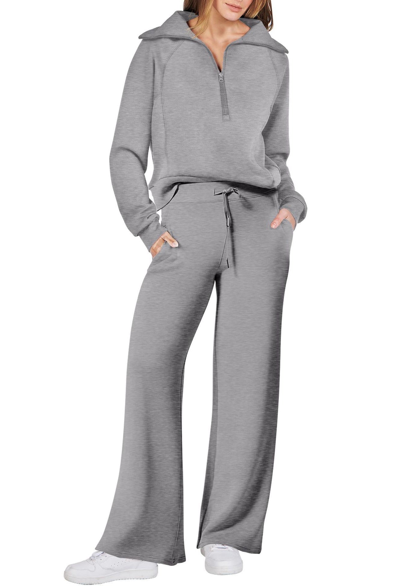 Zip Leg Solid Two And Tops Light Green Cotton Loose Up Pants Wide