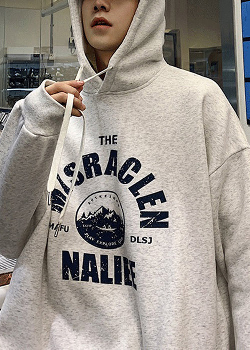 Loose Light Grey Hooded Lace Up Print Warm Fleece Mens Sweatshirts Spring YQ034