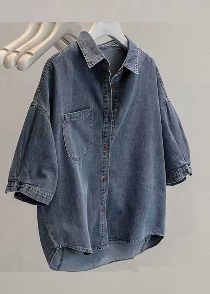 Loose Light Grey Peter Pan Collar Patchwork Low High Design Denim Shirt Summer VB1080