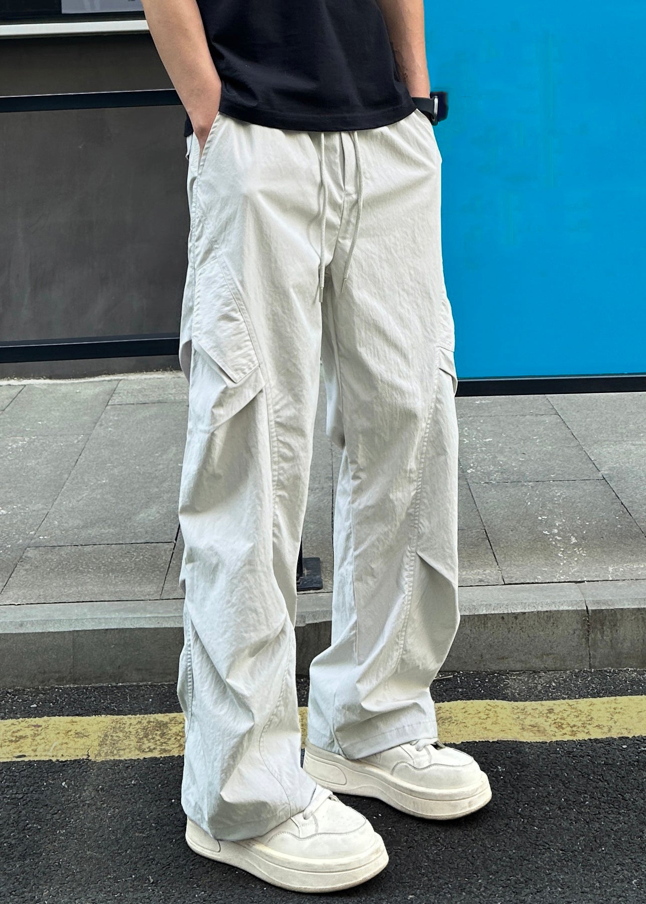 Summer Waist Elastic Pockets Grey Men Light Pants Cotton Loose