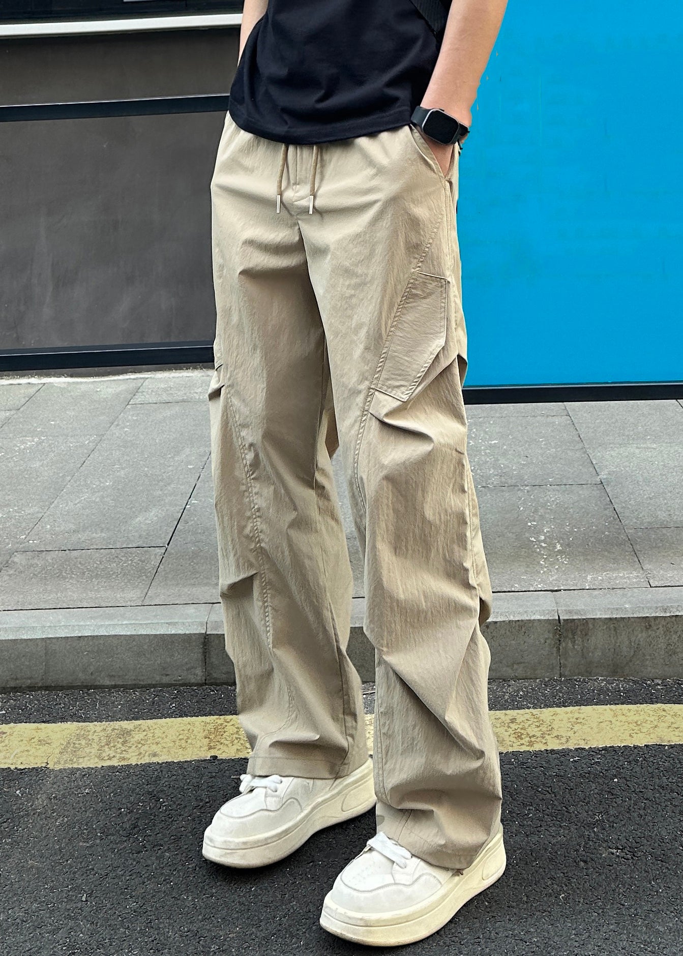 Summer Waist Elastic Pockets Grey Men Light Pants Cotton Loose