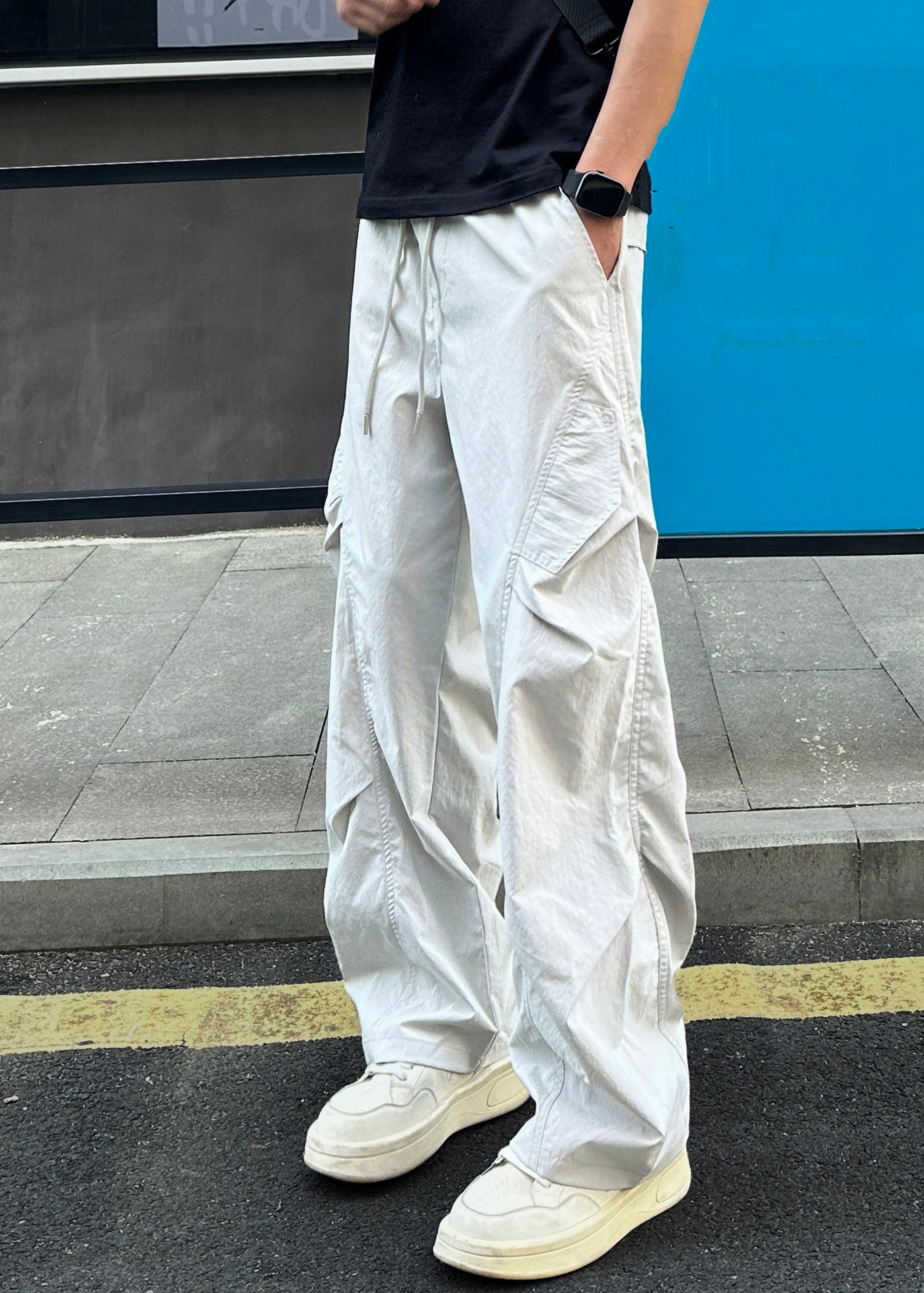 Summer Waist Elastic Pockets Grey Men Light Pants Cotton Loose