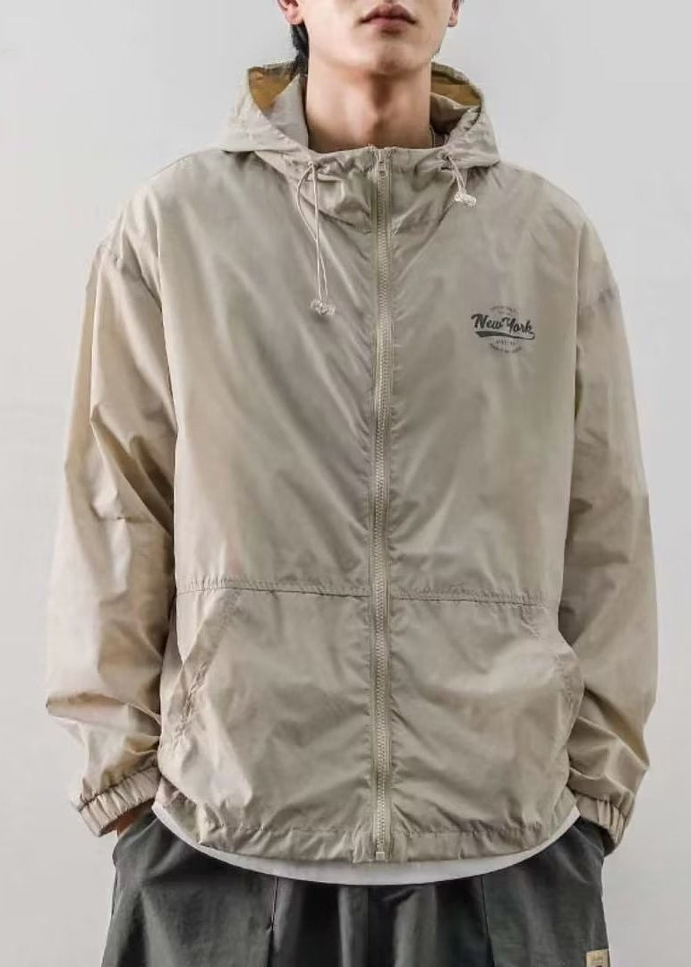 Hooded Ice Print Silk Light Mens Coats Drawstring Khaki Loose