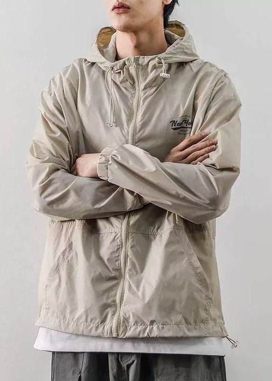 Hooded Ice Print Silk Light Mens Coats Drawstring Khaki Loose