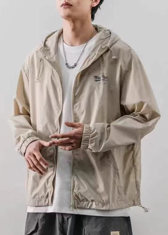 Hooded Ice Print Silk Light Mens Coats Drawstring Khaki Loose