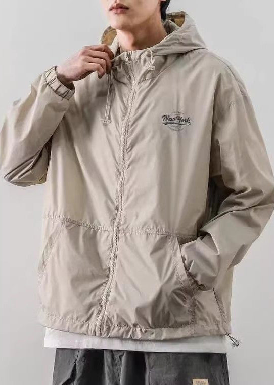 Hooded Ice Print Silk Light Mens Coats Drawstring Khaki Loose