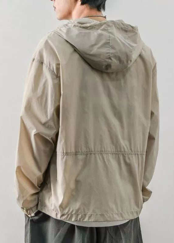 Hooded Ice Print Silk Light Mens Coats Drawstring Khaki Loose