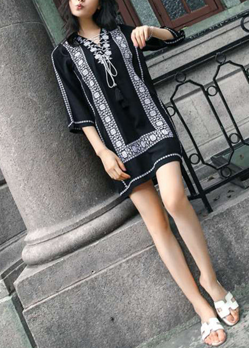 Sleeve Embroidered Cotton Up Lace Navy Mid Bracelet Loose Dress