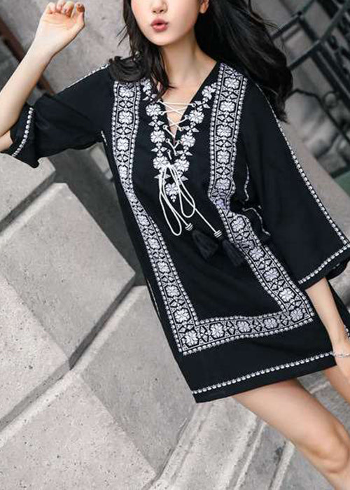Sleeve Embroidered Cotton Up Lace Navy Mid Bracelet Loose Dress