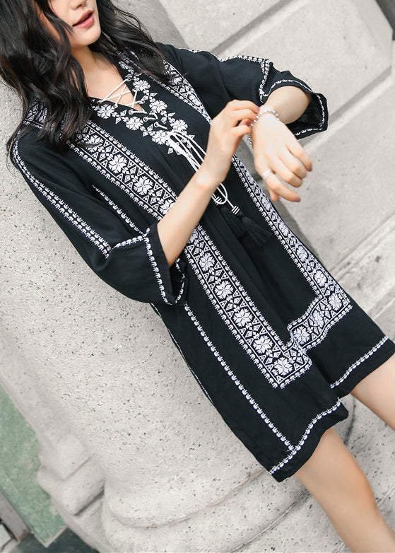 Sleeve Embroidered Cotton Up Lace Navy Mid Bracelet Loose Dress