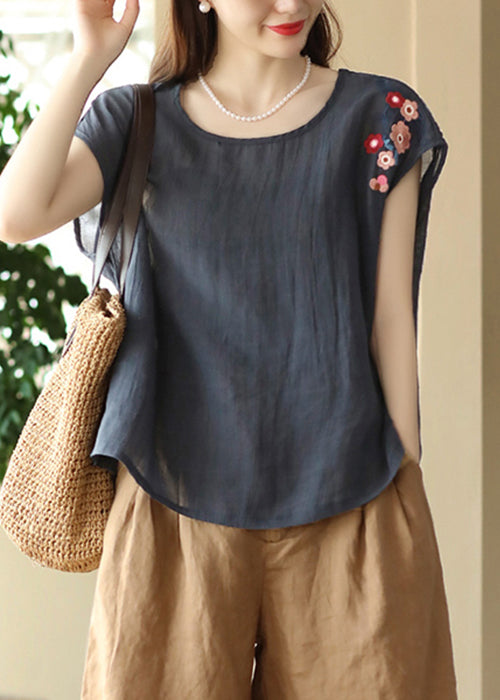 Navy Summer Shirts O Linen Neck T Loose Embroidered