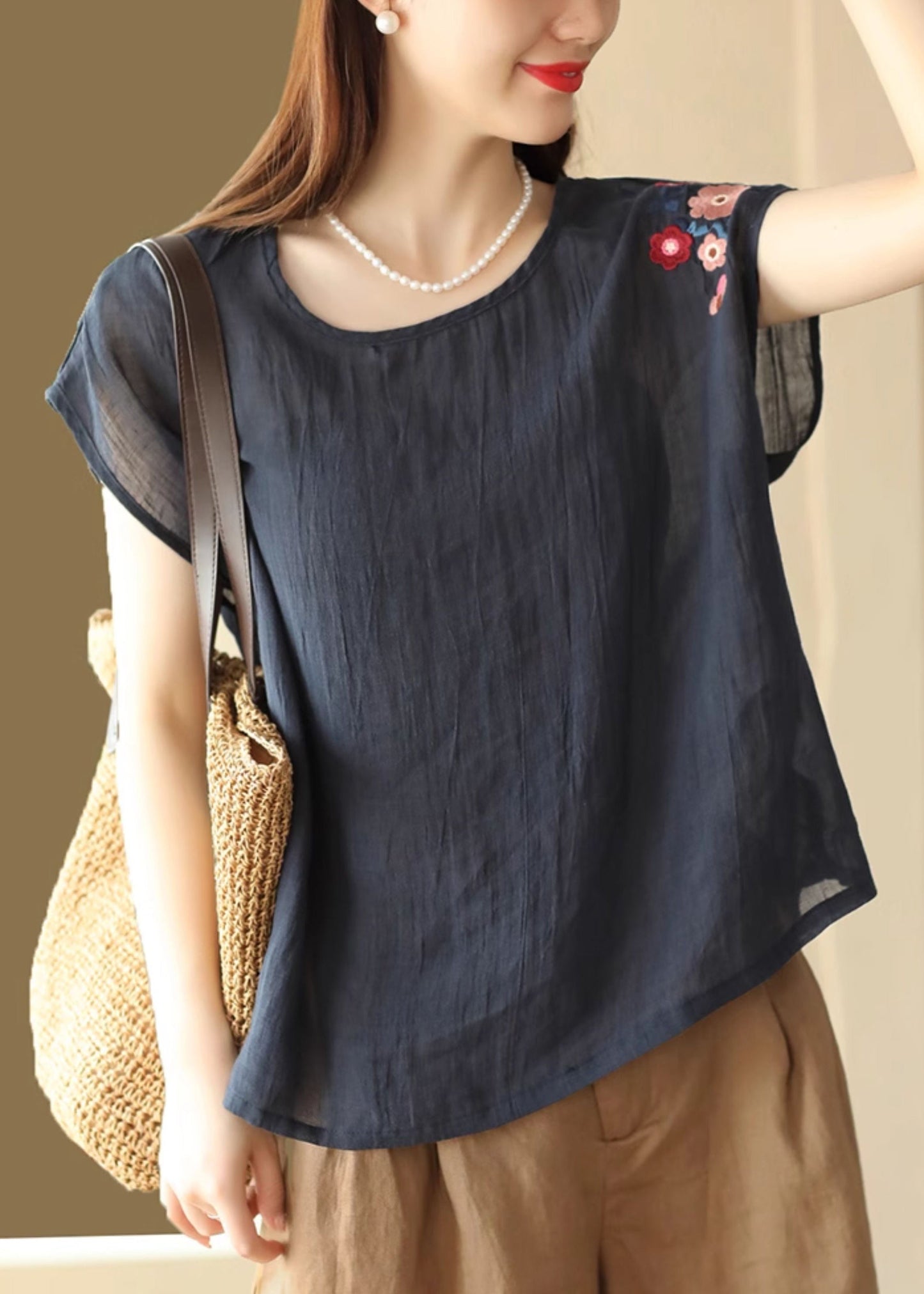 Navy Summer Shirts O Linen Neck T Loose Embroidered