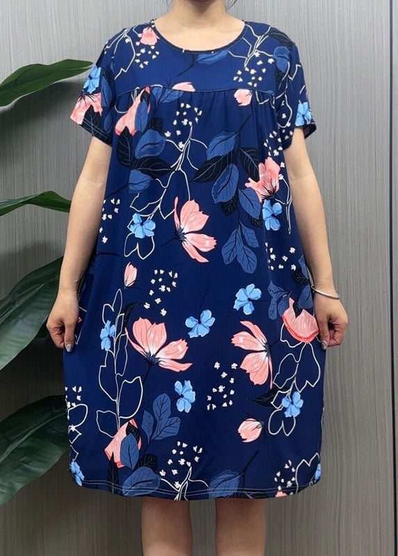 Loose Navy O Neck Print Cotton Pajamas Dresses Summer MN036