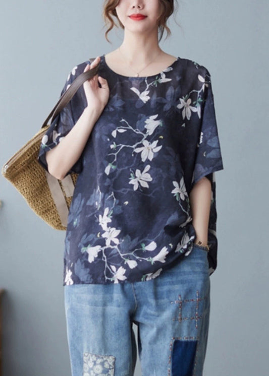 Lockeres, marineblaues Leinen-T-Shirt mit Rundhalsausschnitt und Print für den Sommer JH020