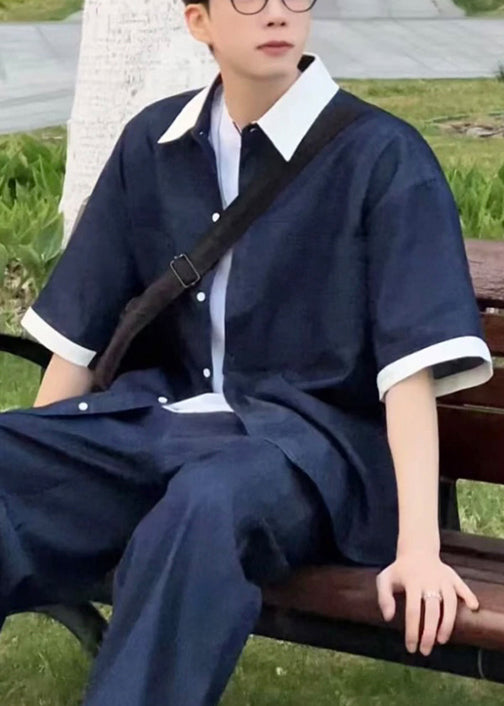 Loose Pan Patchwork Mens Collar Peter Summer Shirts Navy Denim