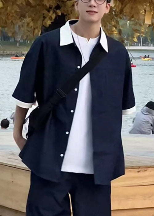 Loose Pan Patchwork Mens Collar Peter Summer Shirts Navy Denim