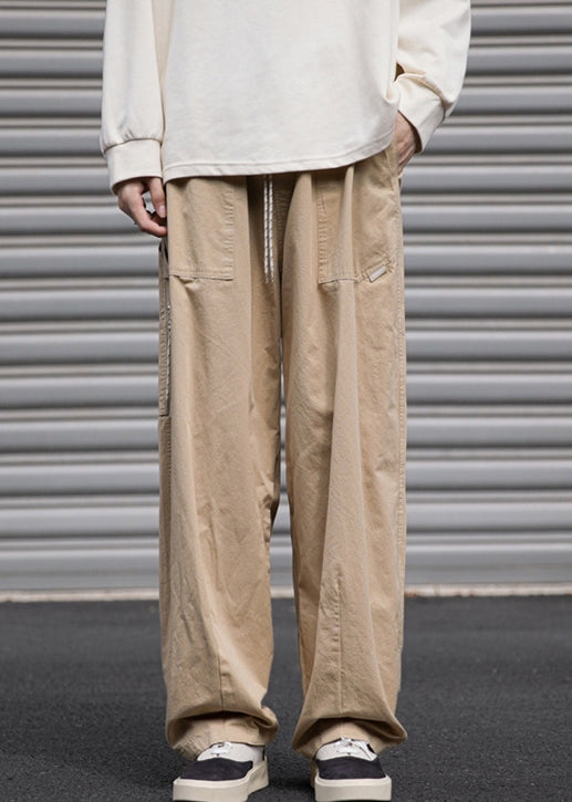 Navy Solid Spring Cotton Loose Mens Drawstring Pants Pockets