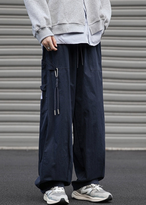 Navy Solid Spring Cotton Loose Mens Drawstring Pants Pockets