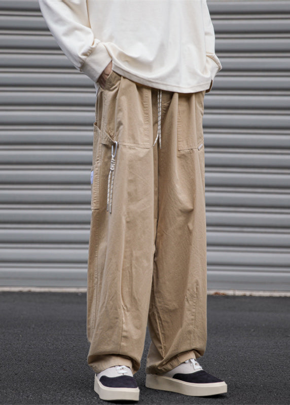Navy Solid Spring Cotton Loose Mens Drawstring Pants Pockets