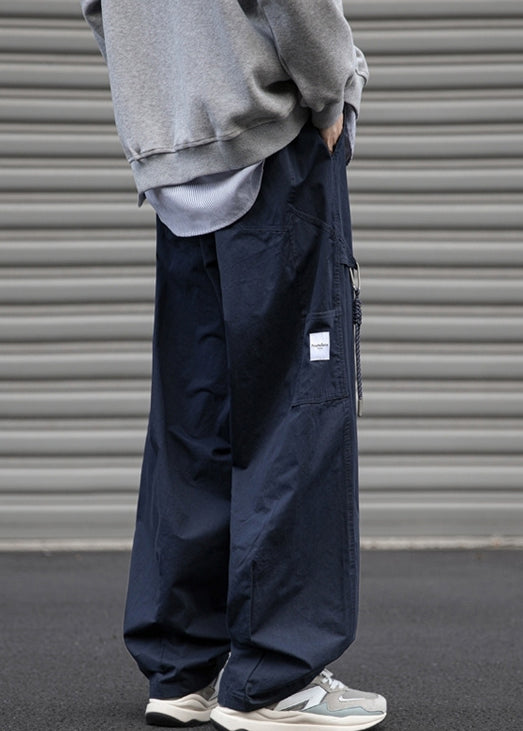 Navy Solid Spring Cotton Loose Mens Drawstring Pants Pockets