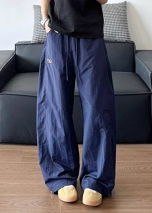 Pants Solid Waist Loose Men Cotton Navy Elastic Summer