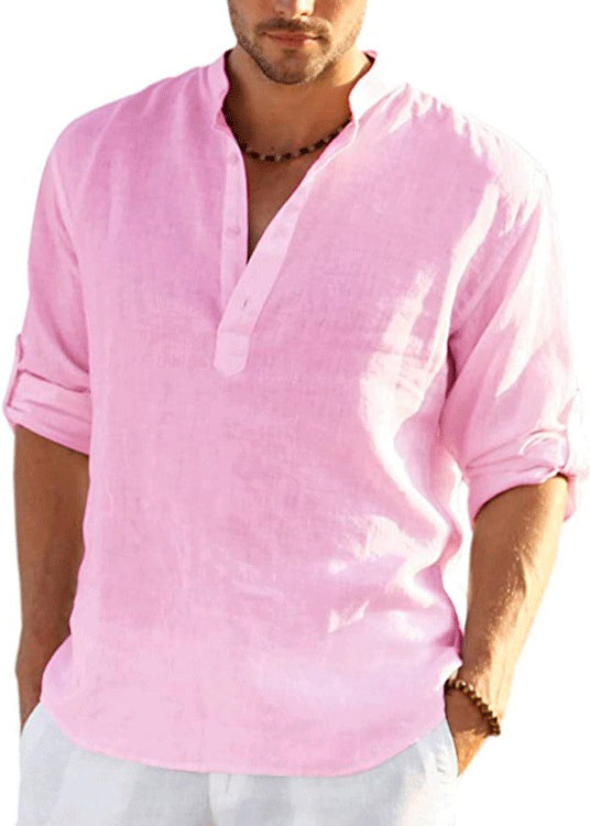 Navy Mens Fall Stand Collar Cotton Shirts Solid Button Loose