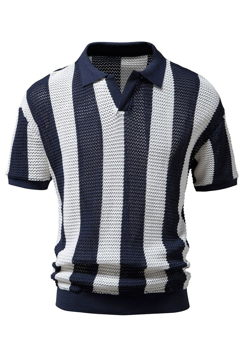 Knit Polo Loose Navy Striped Out And Shirt Men Hollow