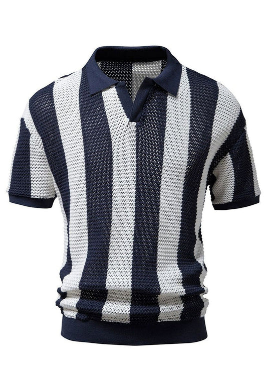 Knit Polo Loose Navy Striped Out And Shirt Men Hollow