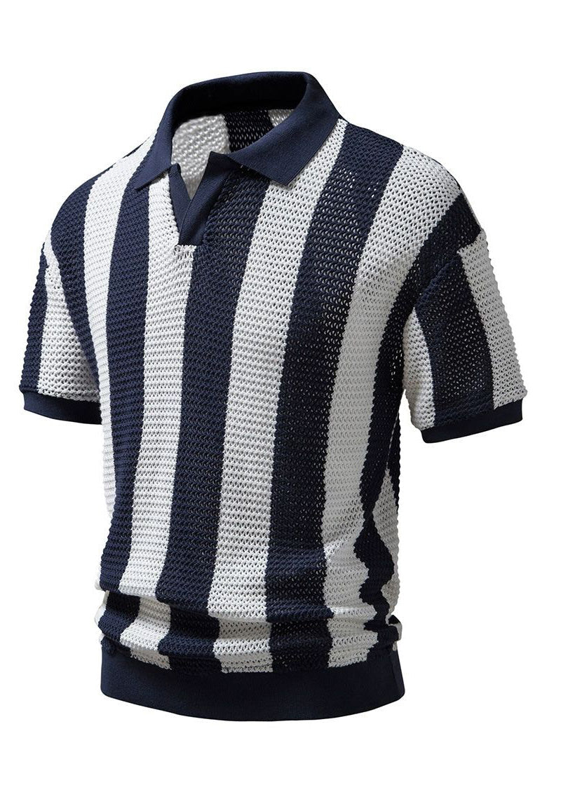 Knit Polo Loose Navy Striped Out And Shirt Men Hollow