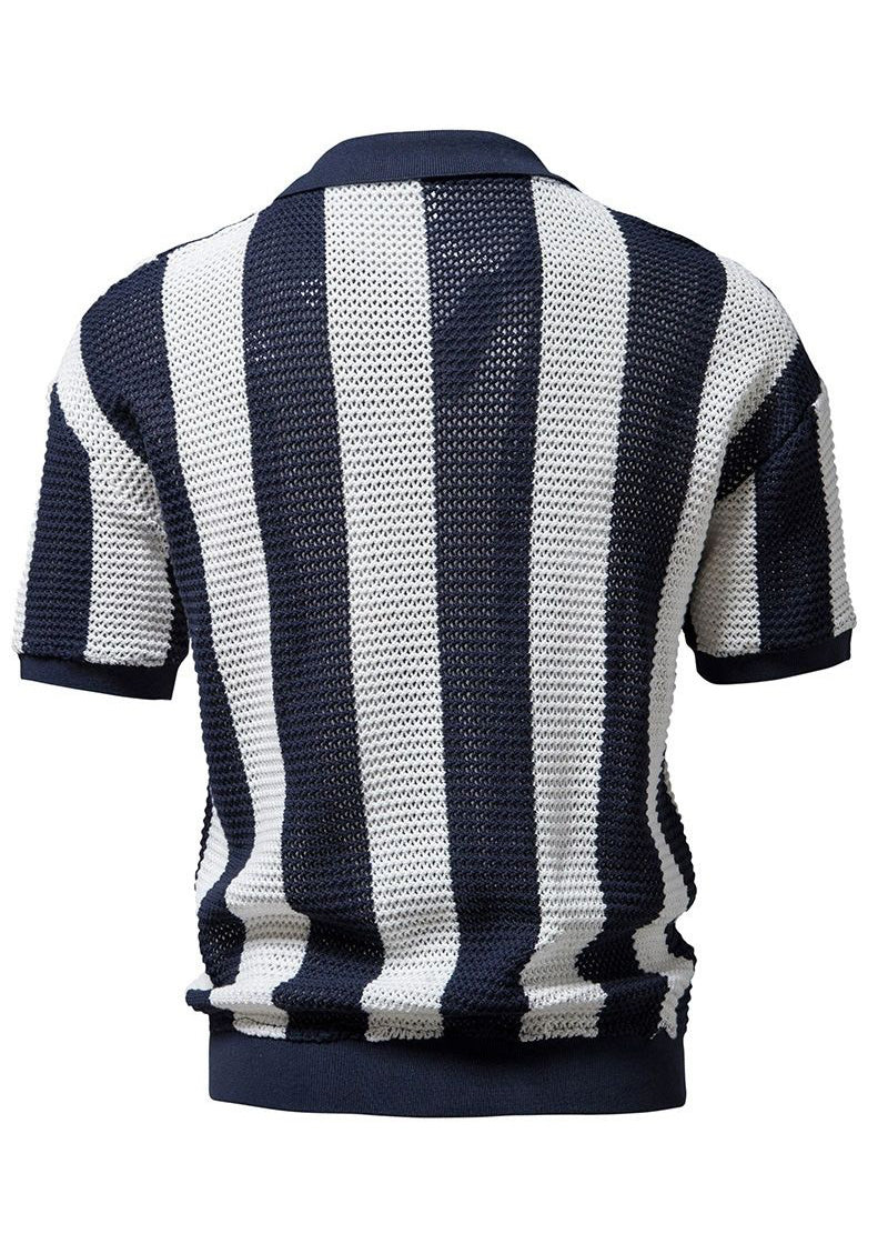 Knit Polo Loose Navy Striped Out And Shirt Men Hollow