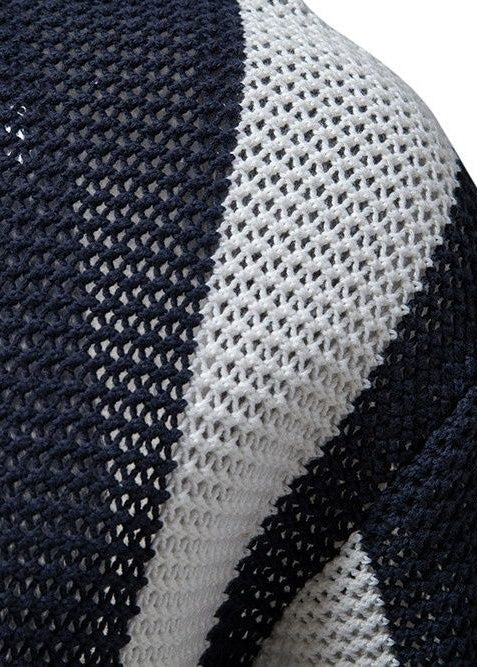 Knit Polo Loose Navy Striped Out And Shirt Men Hollow