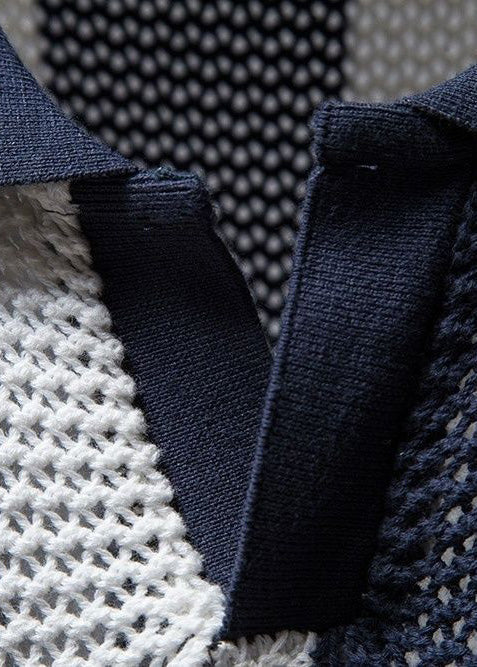 Knit Polo Loose Navy Striped Out And Shirt Men Hollow