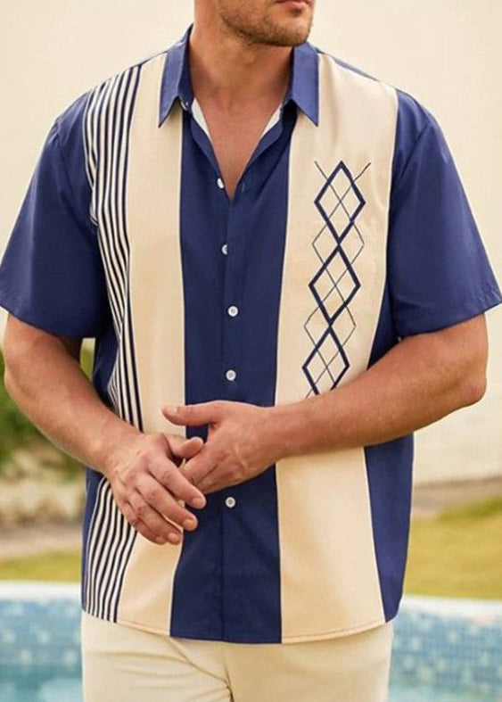 Summer Loose Cotton Shirts Striped Men Patchwork Navy