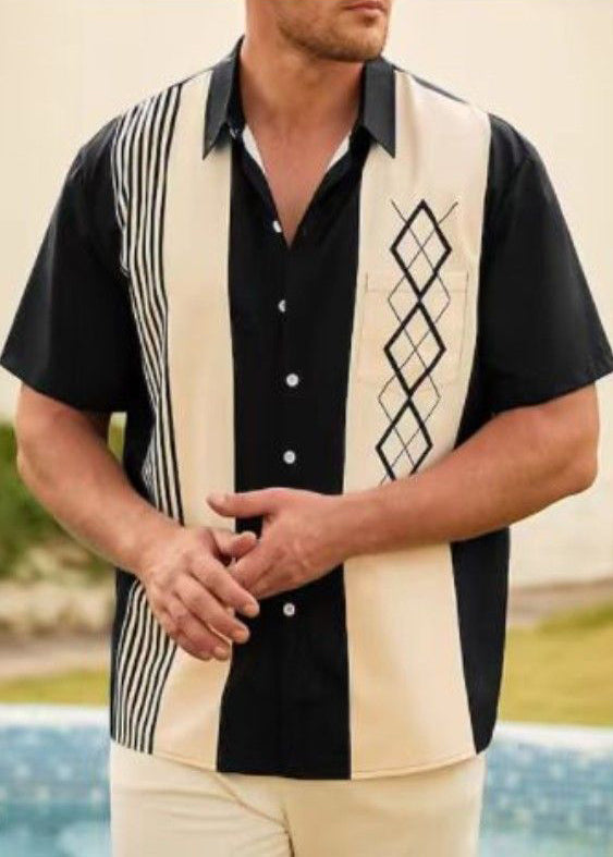 Summer Loose Cotton Shirts Striped Men Patchwork Navy