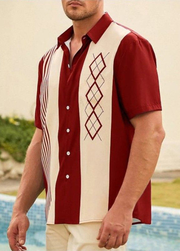 Summer Loose Cotton Shirts Striped Men Patchwork Navy