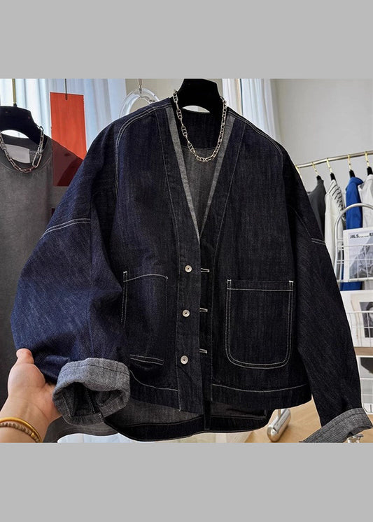 Coats Sleeve Batwing Denim Navy V Pockets Button Neck Loose