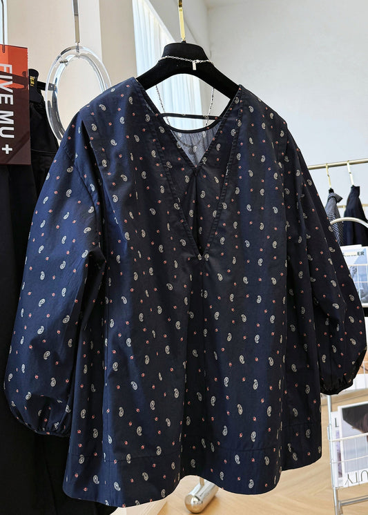 Fall Cotton Loose Print V Shirts Neck Navy