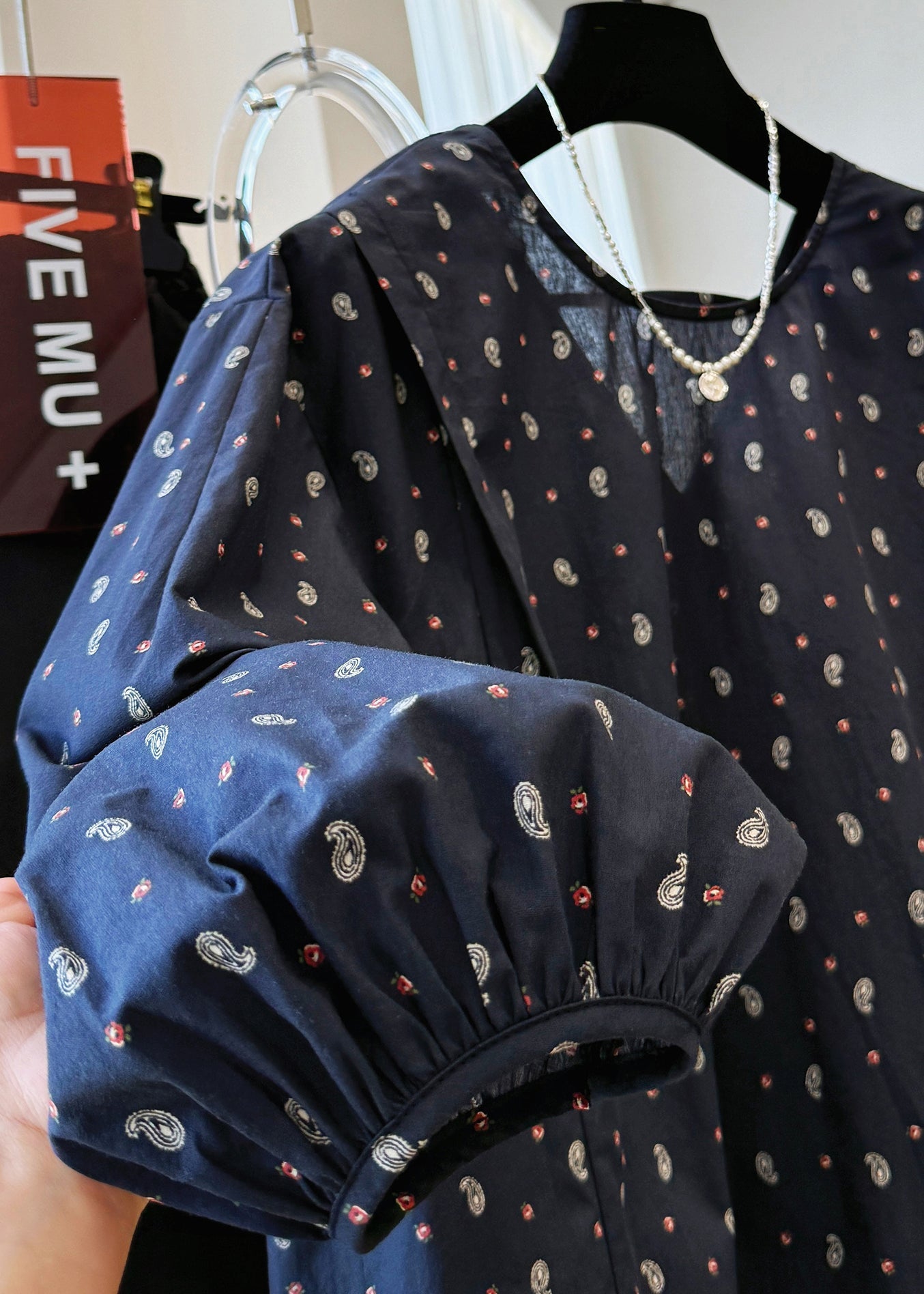 Fall Cotton Loose Print V Shirts Neck Navy