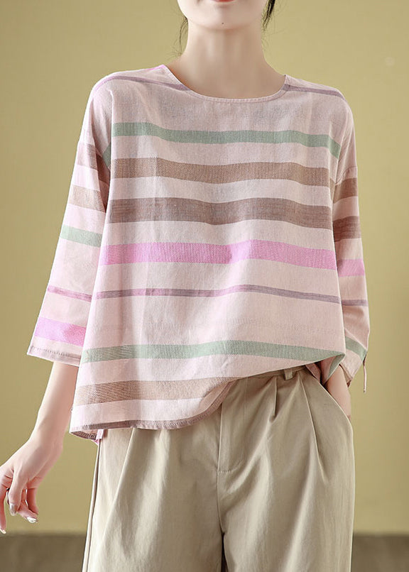 T Cozy Loose Striped Shirt O Linen Sleeve Neck Bracelet