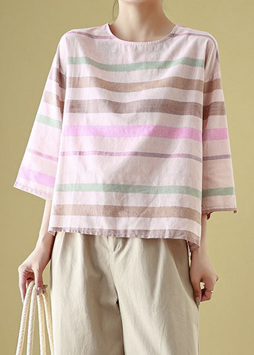 Linen Shirt Cozy Loose Neck Bracelet T Sleeve Striped O